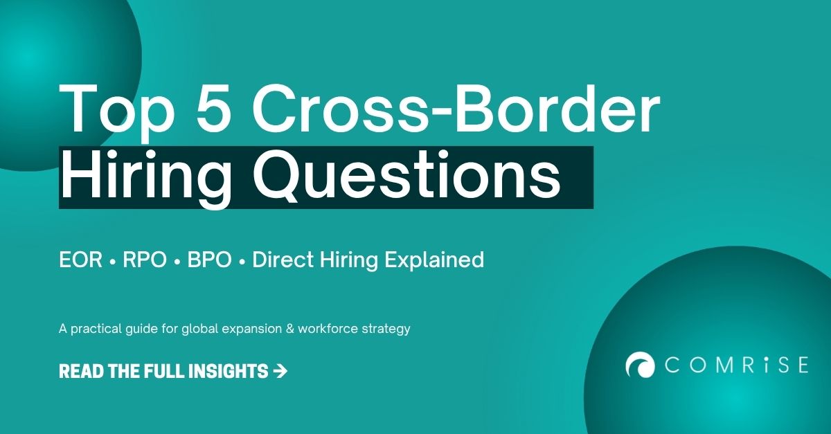 Global hiring guide banner featuring Top 5 cross-border hiring questions and EOR, RPO, BPO, direct hiring models.
