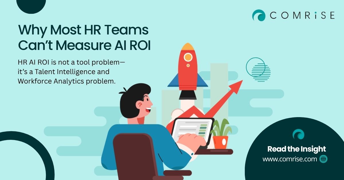 A corporate HR analytics dashboard illustrating the challenge of measuring AI ROI in HR systems, highlighting Talent Intelligence and Workforce Analytics integration gaps.